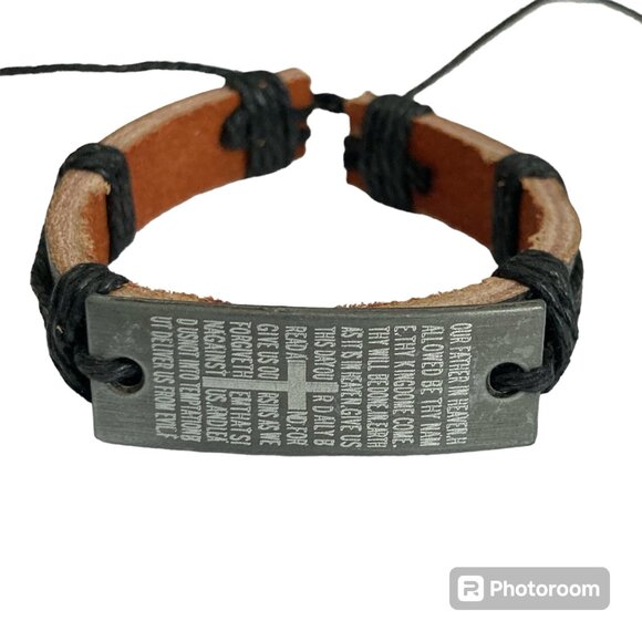 Vintage The Lords Prayer Leather Bracelet Mens Womens Adjustable Rope Catholic - Picture 1 of 10